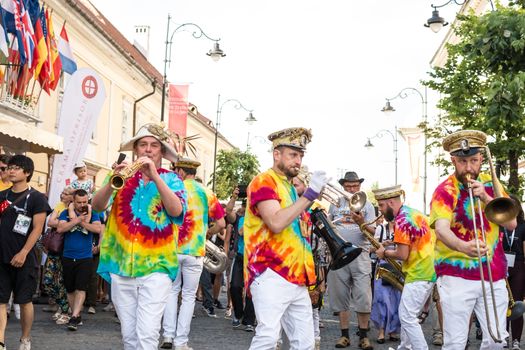 Sibiu City, Romania - 19 June 2019. Mr Wilson's Second Liners from UK, performing at the Sibiu International Theatre Festival from Sibiu, Romania.