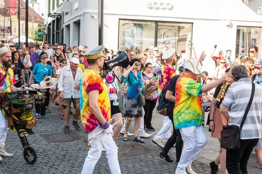 Sibiu City, Romania - 19 June 2019. Mr Wilson's Second Liners from UK, performing at the Sibiu International Theatre Festival from Sibiu, Romania.