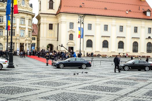 Sibiu City, Romania - 9 May 2019. European Officials cars at Informal meeting of heads of state or government 2019 in Big Square  Sibiu, Romania