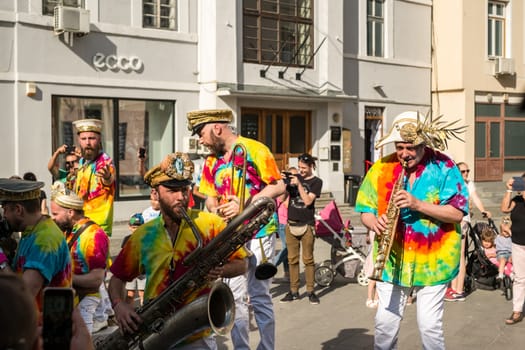 Sibiu City, Romania - 19 June 2019. Mr Wilson's Second Liners from UK, performing at the Sibiu International Theatre Festival from Sibiu, Romania.