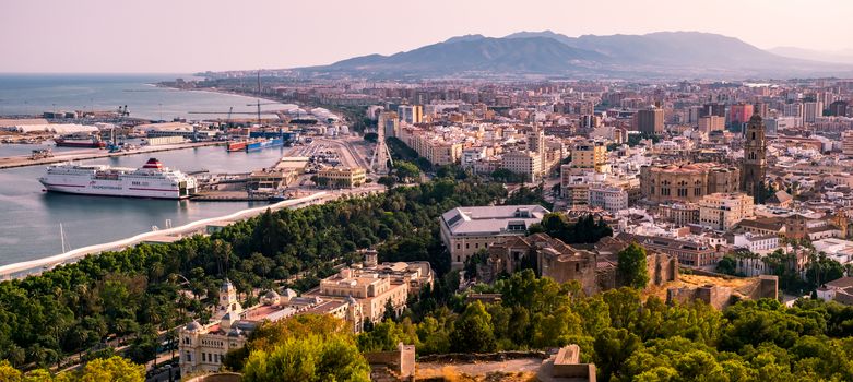 Malaga, Spain - June 24, 2018. Panoramic view of the Malaga city and port, Costa del Sol, Malaga Province, Andalucia, Spain, Western Europe