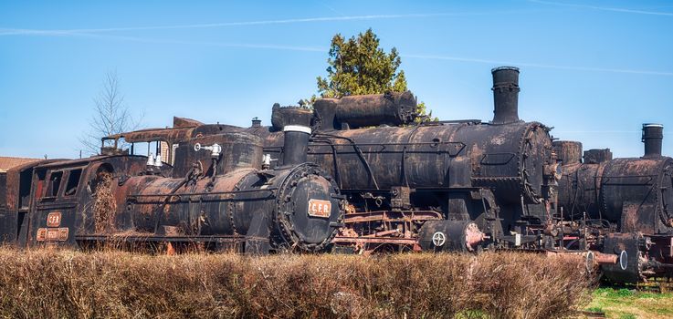 Sibiu, Romania - March 09, 2019. Old Steam Locomotives at the outdoor Museum from Sibiu, Romania