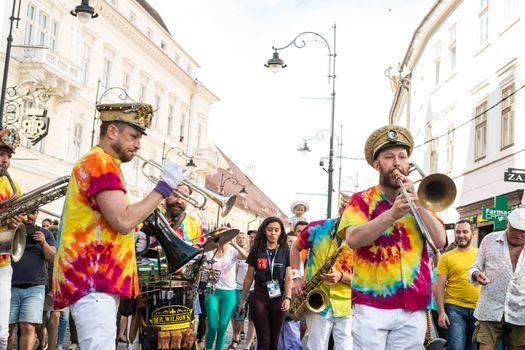 Sibiu City, Romania - 19 June 2019. Mr Wilson's Second Liners from UK, performing at the Sibiu International Theatre Festival from Sibiu, Romania.