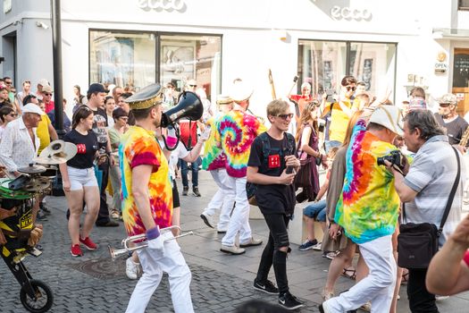 Sibiu City, Romania - 19 June 2019. Mr Wilson's Second Liners from UK, performing at the Sibiu International Theatre Festival from Sibiu, Romania.