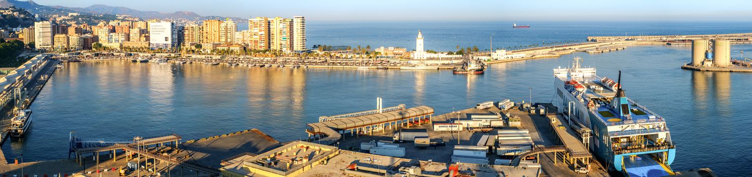 Malaga, Spain - June 29, 2018. Panoramic view over the port and city, Malaga port, Costa del sol, Spain.