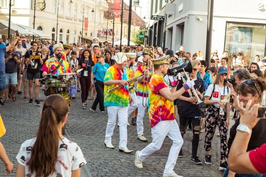 Sibiu City, Romania - 19 June 2019. Mr Wilson's Second Liners from UK, performing at the Sibiu International Theatre Festival from Sibiu, Romania.
