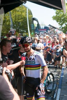 Marbella, Spain - August 26th, 2018. Peter Sagan from Bora Hansgrohe Cycling Team giving an interview before the start of the second round  of La Vuelta 2018 in the city of Marbella, Costa del sol, Spain.