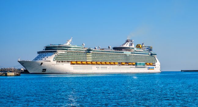 Malaga, Spain - August 21, 2018. Royal Caribbean Independence of the Seas cruise ship docked at the port of Malaga city, Costa del Sol, Malaga Province, Andalucia, Spain, Western Europe