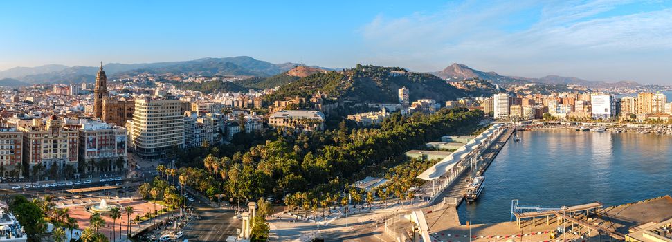 Malaga, Spain - June 29, 2018. Panoramic view of the Malaga city, Cathedral of the Incarnation, Marriott hotel, Waterfront promenade Muelle Uno and port, Costa del Sol, Malaga Province, Andalucia, Spain, Western Europe