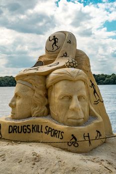 Ruse city, Bulgaria - June 08, 2016. International Sand Sculpting Festival situated on the bank of the Danube river in Ruse, Bulgaria; “Sports Fame, World and Olympic Symbols” theme