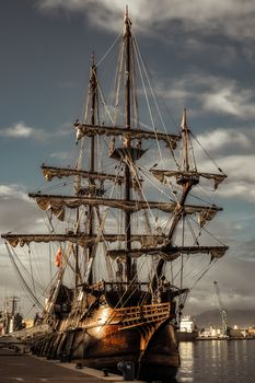 Malaga, Spain - December 26, 2017. 17th Century Spanish Galleon Replica in Malaga port, Spain