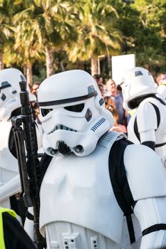 Malaga, Spain - May 05, 2018. Members of the 501st Legion Spanish Garrison dressed as Stormtroopers from the movie saga Star Wars, perform along the walk Muelle Uno, Malaga, Spain