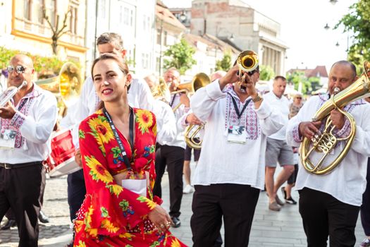 Sibiu City, Romania - 19 June 2019. The Brass Band from Cozmeşti performing at the Sibiu International Theatre Festival from Sibiu, Romania.