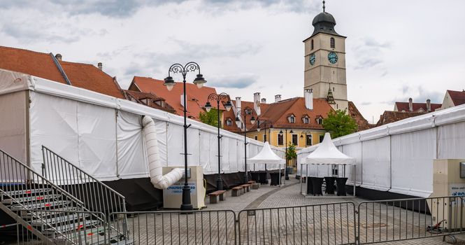 Sibiu, Romania - April 26, 2019  tents for mass media in Small Square at Informal meeting of heads of state or government 2019 in Small Square  Sibiu, Romania