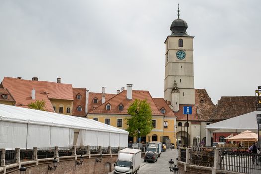 Sibiu, Romania - April 27, 2019  Small Square and the Council Tower during the preparations for Informal meeting of heads of state or government 2019 from Sibiu, Romania