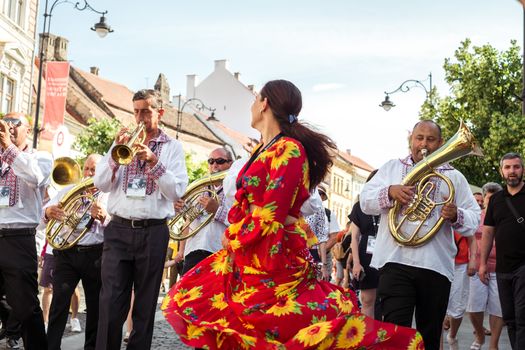 Sibiu City, Romania - 19 June 2019. The Brass Band from Cozmeşti performing at the Sibiu International Theatre Festival from Sibiu, Romania.