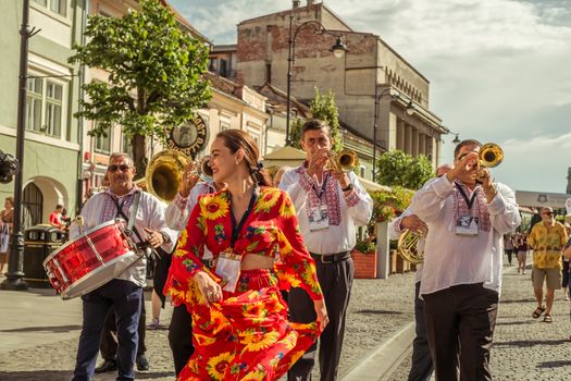 Sibiu City, Romania - 19 June 2019. The Brass Band from Cozmeşti performing at the Sibiu International Theatre Festival from Sibiu, Romania.