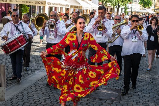 Sibiu City, Romania - 19 June 2019. The Brass Band from Cozmeşti performing at the Sibiu International Theatre Festival from Sibiu, Romania.