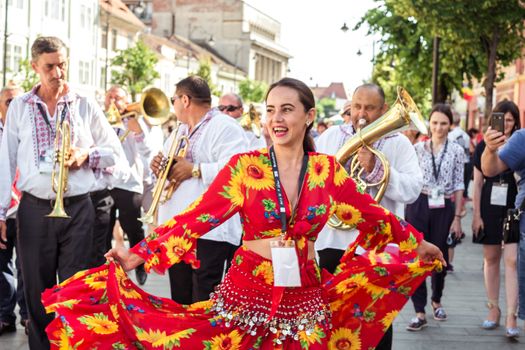 Sibiu City, Romania - 19 June 2019. The Brass Band from Cozmeşti performing at the Sibiu International Theatre Festival from Sibiu, Romania.