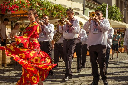 Sibiu City, Romania - 19 June 2019. The Brass Band from Cozmeşti performing at the Sibiu International Theatre Festival from Sibiu, Romania.