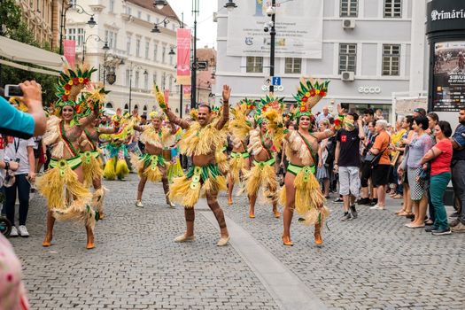 Sibiu City, Romania - 22 June 2019. The Comparsa Los Cariocas from Gran Canary islands performing at the Sibiu International Theatre Festival from Sibiu, Romania.