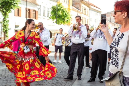 Sibiu City, Romania - 19 June 2019. The Brass Band from Cozmeşti performing at the Sibiu International Theatre Festival from Sibiu, Romania.