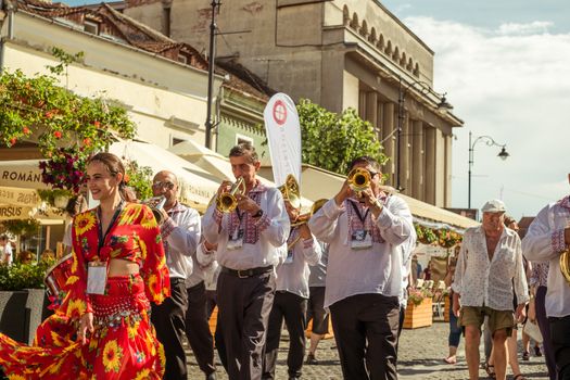 Sibiu City, Romania - 19 June 2019. The Brass Band from Cozmeşti performing at the Sibiu International Theatre Festival from Sibiu, Romania.