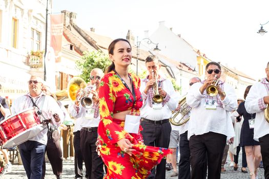 Sibiu City, Romania - 19 June 2019. The Brass Band from Cozmeşti performing at the Sibiu International Theatre Festival from Sibiu, Romania.