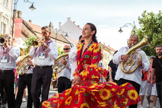 Sibiu City, Romania - 19 June 2019. The Brass Band from Cozmeşti performing at the Sibiu International Theatre Festival from Sibiu, Romania.