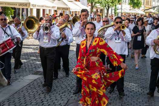 Sibiu City, Romania - 19 June 2019. The Brass Band from Cozmeşti performing at the Sibiu International Theatre Festival from Sibiu, Romania.
