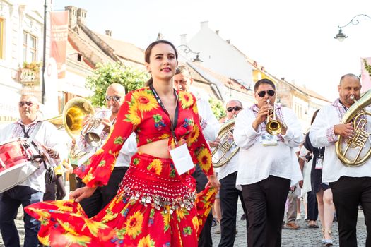 Sibiu City, Romania - 19 June 2019. The Brass Band from Cozmeşti performing at the Sibiu International Theatre Festival from Sibiu, Romania.