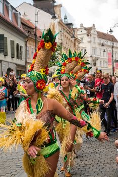 Sibiu City, Romania - 22 June 2019. The Comparsa Los Cariocas from Gran Canary islands performing at the Sibiu International Theatre Festival from Sibiu, Romania.