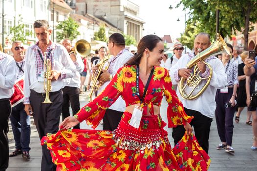 Sibiu City, Romania - 19 June 2019. The Brass Band from Cozmeşti performing at the Sibiu International Theatre Festival from Sibiu, Romania.