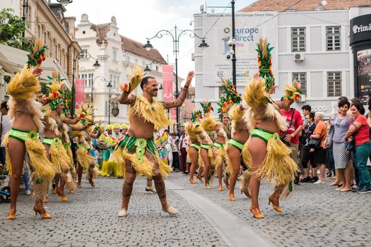 Sibiu City, Romania - 22 June 2019. The Comparsa Los Cariocas from Gran Canary islands performing at the Sibiu International Theatre Festival from Sibiu, Romania.