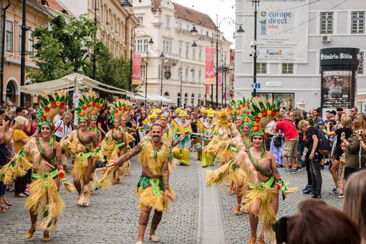 Sibiu City, Romania - 22 June 2019. The Comparsa Los Cariocas from Gran Canary islands performing at the Sibiu International Theatre Festival from Sibiu, Romania.