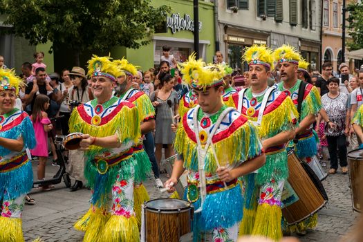 Sibiu City, Romania - 22 June 2019. The Comparsa Los Cariocas from Gran Canary islands performing at the Sibiu International Theatre Festival from Sibiu, Romania.