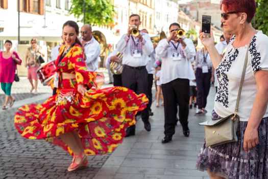Sibiu City, Romania - 19 June 2019. The Brass Band from Cozmeşti performing at the Sibiu International Theatre Festival from Sibiu, Romania.