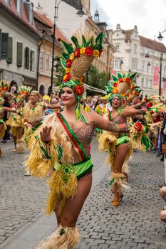 Sibiu City, Romania - 22 June 2019. The Comparsa Los Cariocas from Gran Canary islands performing at the Sibiu International Theatre Festival from Sibiu, Romania.