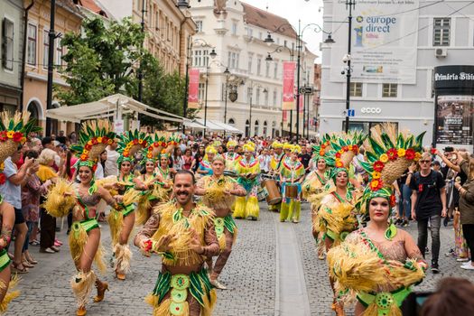 Sibiu City, Romania - 22 June 2019. The Comparsa Los Cariocas from Gran Canary islands performing at the Sibiu International Theatre Festival from Sibiu, Romania.
