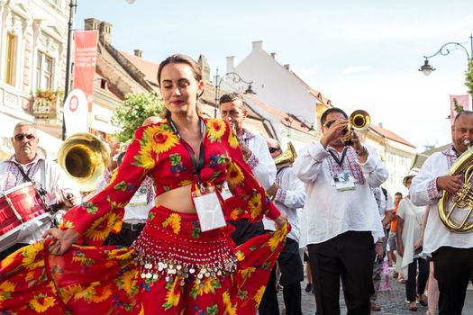 Sibiu City, Romania - 19 June 2019. The Brass Band from Cozmeşti performing at the Sibiu International Theatre Festival from Sibiu, Romania.