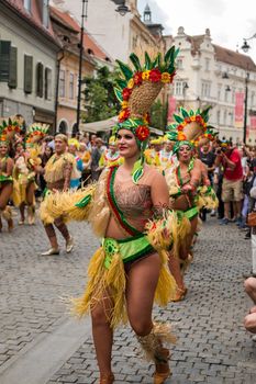Sibiu City, Romania - 22 June 2019. The Comparsa Los Cariocas from Gran Canary islands performing at the Sibiu International Theatre Festival from Sibiu, Romania.