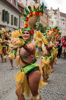 Sibiu City, Romania - 22 June 2019. The Comparsa Los Cariocas from Gran Canary islands performing at the Sibiu International Theatre Festival from Sibiu, Romania.