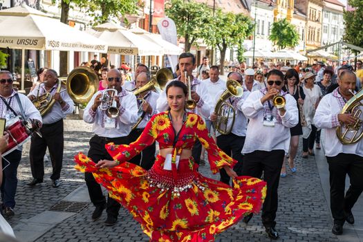 Sibiu City, Romania - 19 June 2019. The Brass Band from Cozmeşti performing at the Sibiu International Theatre Festival from Sibiu, Romania.