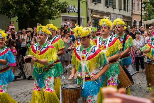 Sibiu City, Romania - 22 June 2019. The Comparsa Los Cariocas from Gran Canary islands performing at the Sibiu International Theatre Festival from Sibiu, Romania.