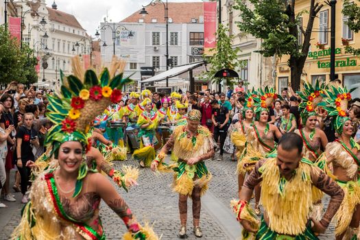 Sibiu City, Romania - 22 June 2019. The Comparsa Los Cariocas from Gran Canary islands performing at the Sibiu International Theatre Festival from Sibiu, Romania.