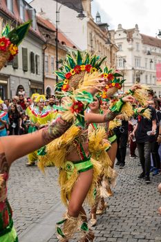 Sibiu City, Romania - 22 June 2019. The Comparsa Los Cariocas from Gran Canary islands performing at the Sibiu International Theatre Festival from Sibiu, Romania.