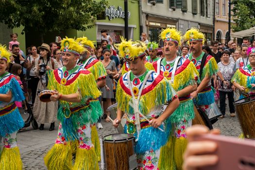 Sibiu City, Romania - 22 June 2019. The Comparsa Los Cariocas from Gran Canary islands performing at the Sibiu International Theatre Festival from Sibiu, Romania.