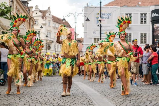 Sibiu City, Romania - 22 June 2019. The Comparsa Los Cariocas from Gran Canary islands performing at the Sibiu International Theatre Festival from Sibiu, Romania.