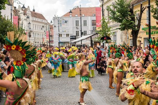 Sibiu City, Romania - 22 June 2019. The Comparsa Los Cariocas from Gran Canary islands performing at the Sibiu International Theatre Festival from Sibiu, Romania.
