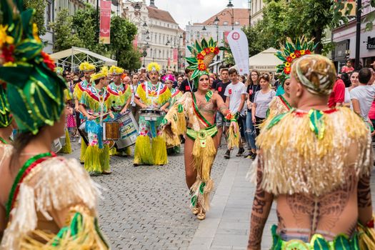 Sibiu City, Romania - 22 June 2019. The Comparsa Los Cariocas from Gran Canary islands performing at the Sibiu International Theatre Festival from Sibiu, Romania.